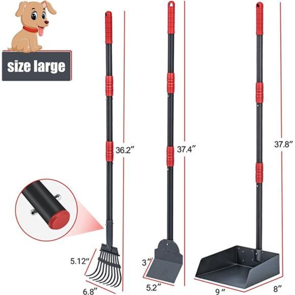 XL Poop Scooper for Large and Small Dogs with Long Handle, Metal Tray and Rake - Picture 2 of 7